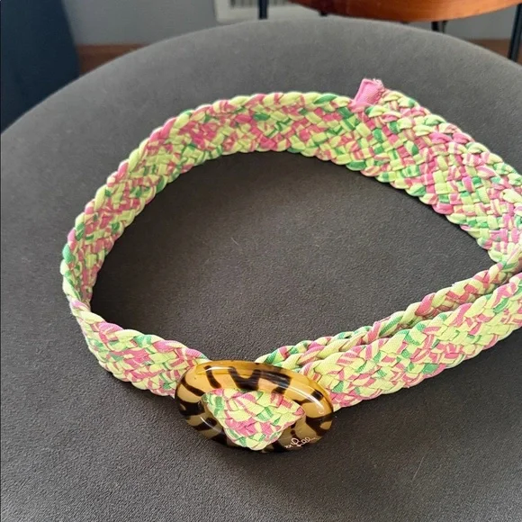 Lilly Pulitzer Vintage Pink and Green Braided Belt with Tortoise Buckle - Picture 2 of 6